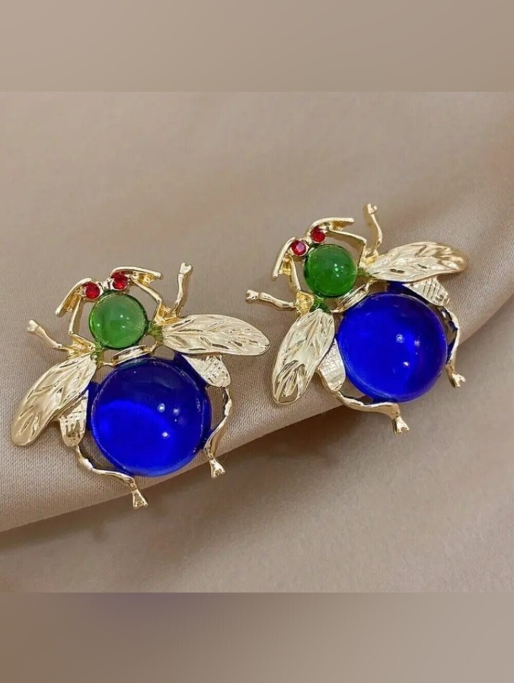 🆕️ Gold Beetle Earrings with Cobalt Blue and Green Cabochons